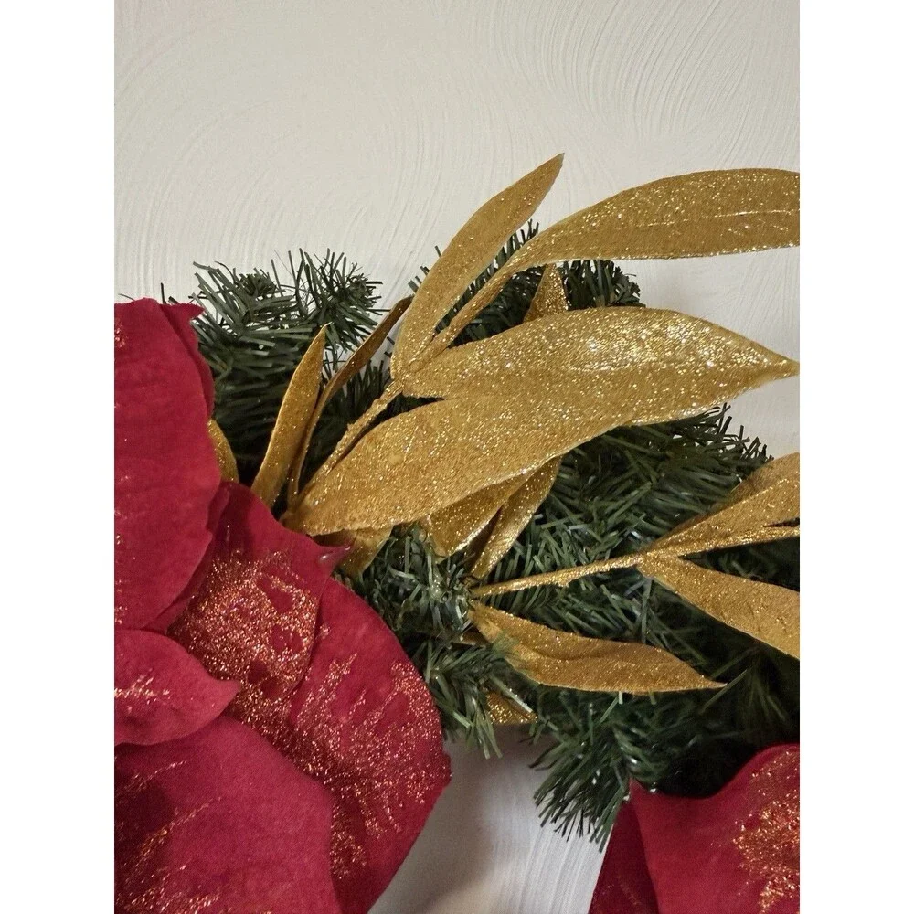 Festive Red Poinsettia & Gold Leaf Holiday Wreath